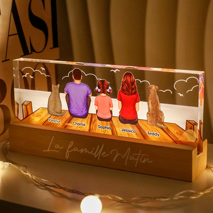 Veilleuse LED personnalisée avec famille, chat et chien – Cadeau pour papa, maman, papi et mamie