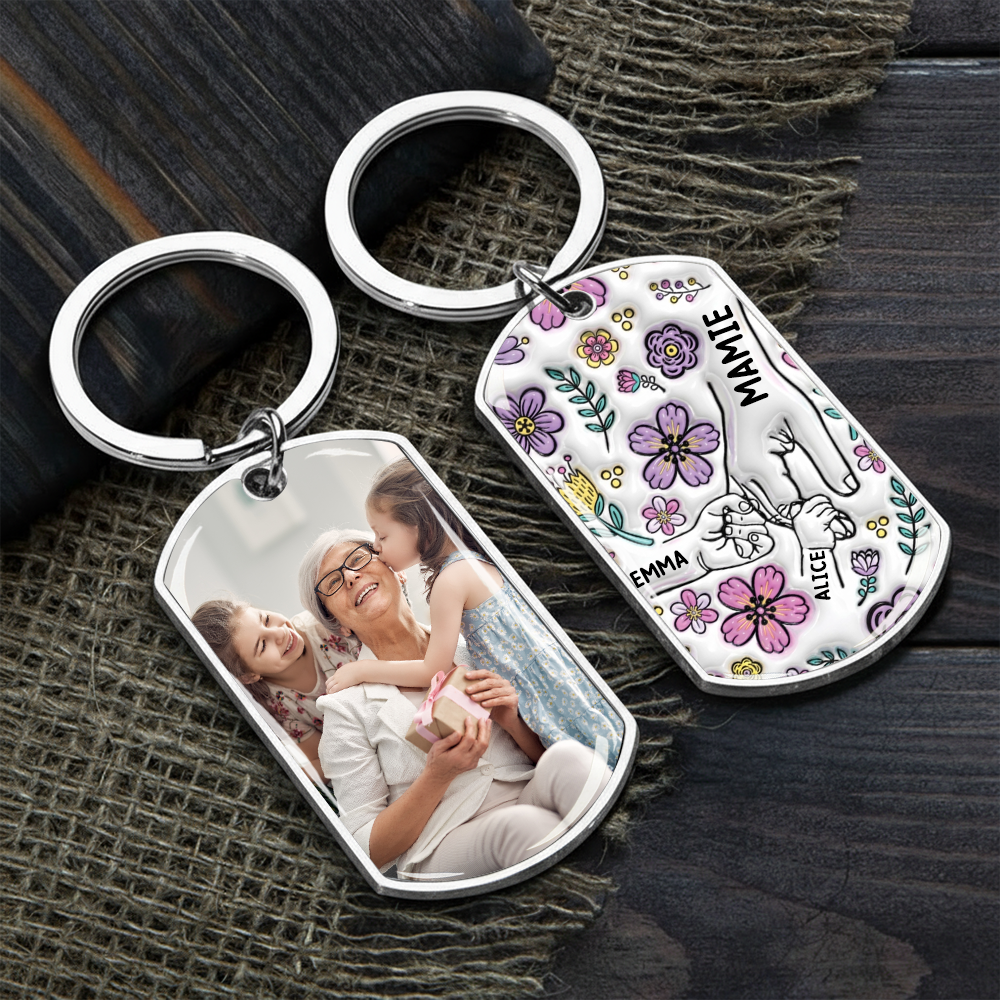 Main dans la main – Porte-clés photo personnalisé en acier inoxydable avec résine époxy – Cadeau pour mamie et maman