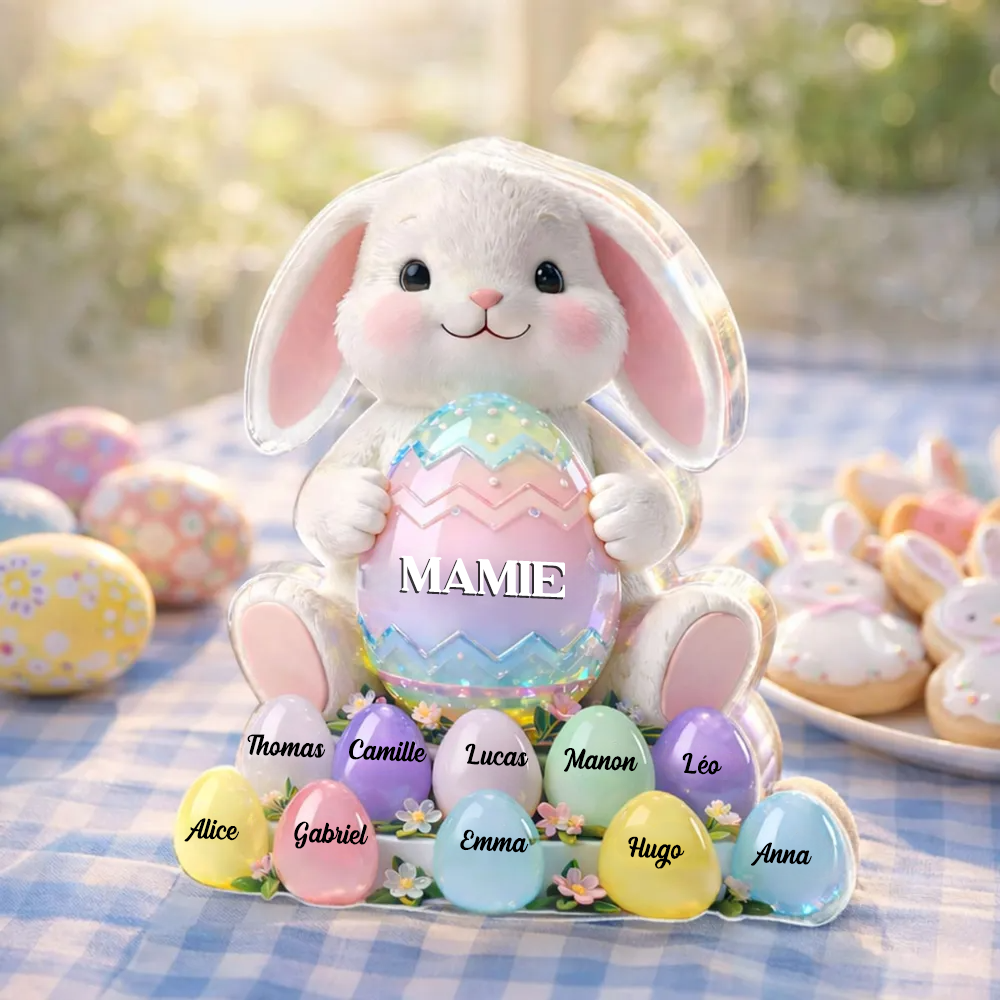 Lapin de Pâques Mamie – Bloc en acrylique personnalisé avec prénoms – Décoration de Pâques, cadeau pour mamie