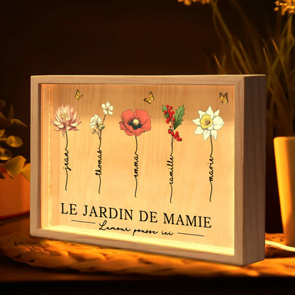Jardin de mamie – Boîte lumineuse cadre en bois personnalisée avec fleurs de naissance et texte, pour mamie et maman