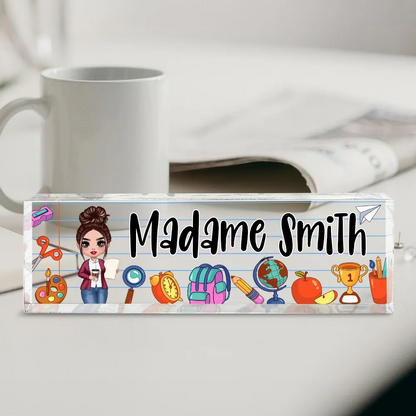 Plaque de bureau en acrylique personnalisée – Motifs scolaires pour enseignantes