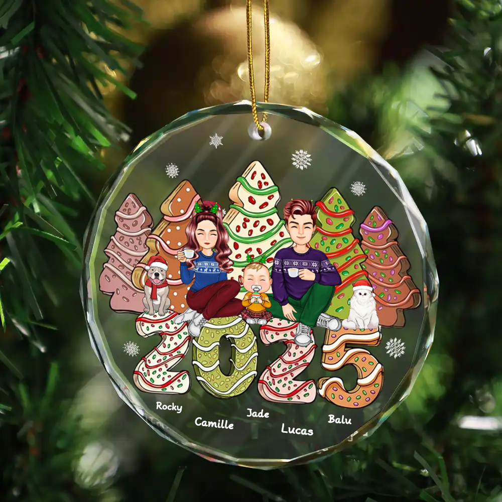 2025 Famille Gâteau & Arbres à biscuits Décoration de Noël personnalisée en verre pour sapin de Noël avec parents, enfants et animaux domestiques