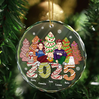 2025 Famille Gâteau & Arbres à biscuits Décoration de Noël personnalisée en verre pour sapin de Noël avec parents, enfants et animaux domestiques