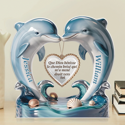 Plaque acrylique personnalisée avec dauphins et cœur – Cadeau pour couple
