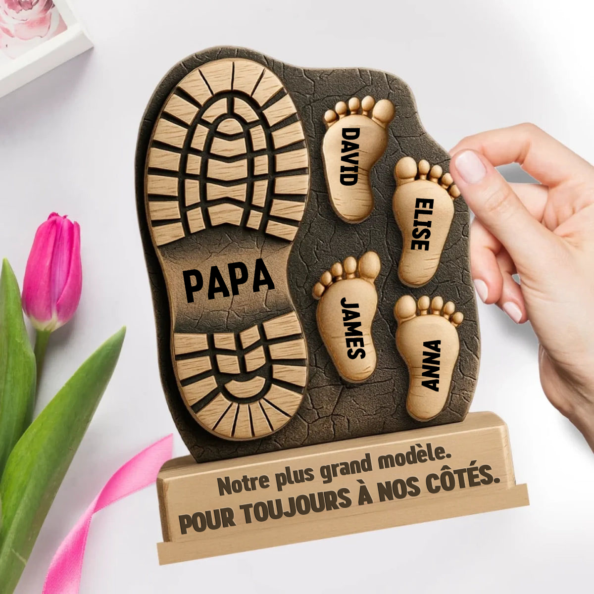 Décoration en bois personnalisé à 2 couches avec empreintes de pieds – Cadeau pour papa