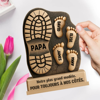 Décoration en bois personnalisé à 2 couches avec empreintes de pieds – Cadeau pour papa