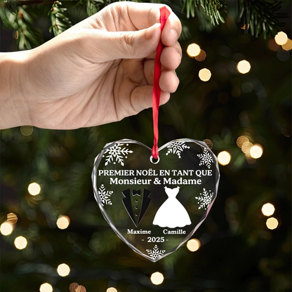 Premier Noël de jeunes mariés-Décoration en verre en forme de cœur personnalisée Orement de Noël
