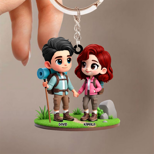Porte-clés en acrylique « Couple camping » personnalisé avec noms, cadeau pour couple