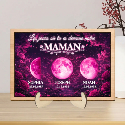 « Ces jours-là, tu es devenue notre maman » – Présentoir en bois personnalisé avec phases de lune