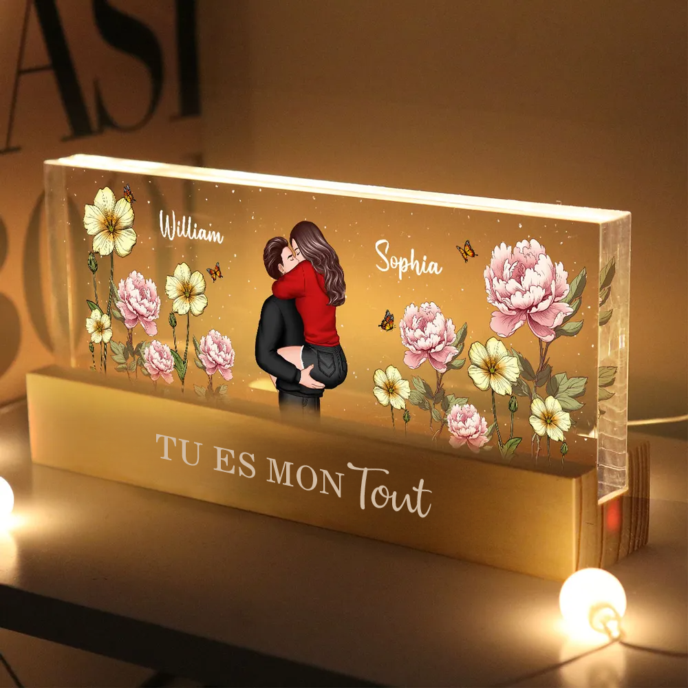 Veilleuse LED personnalisée avec couple et fleurs de naissance