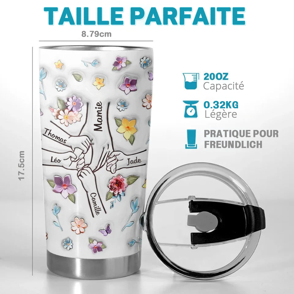 Mains dans la main – Gobelet isotherme personnalisé avec motif floral, cadeau pour Mamie et Maman
