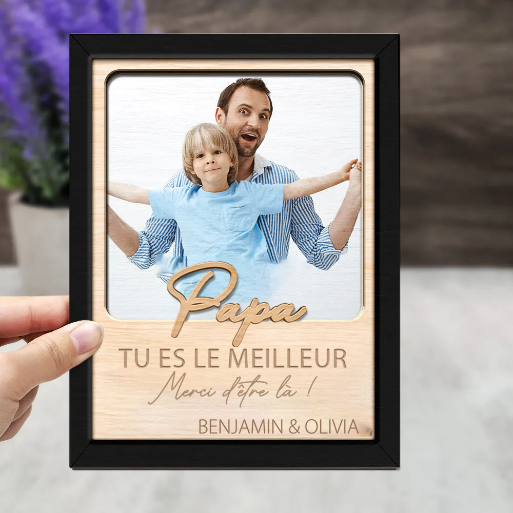 « Papa, tu es le meilleur » – Présentoir en bois personnalisé avec photo et prénom