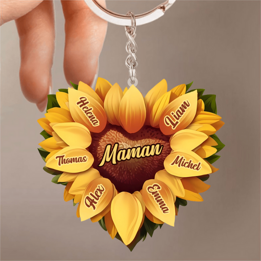 Tournesol en forme de cœur – Porte-clés en acrylique personnalisé pour maman et mamie