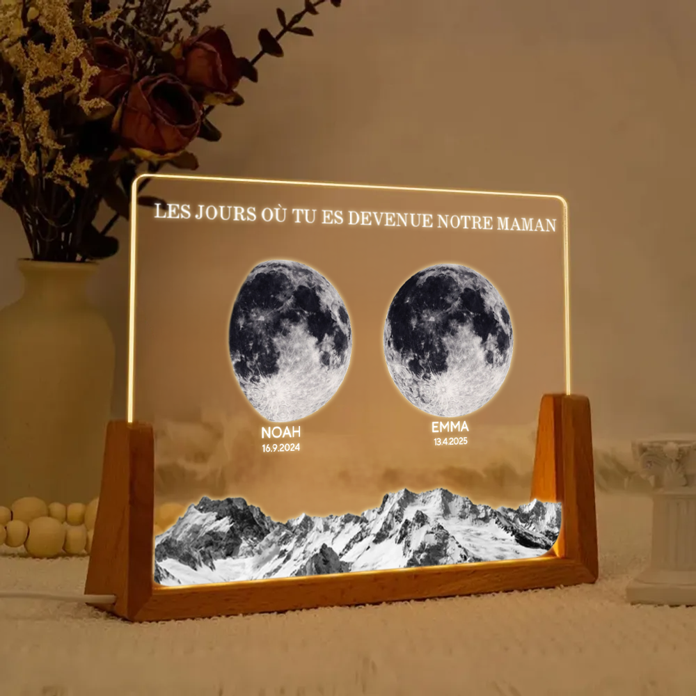 Veilleuse LED personnalisée avec phases de lune et socle en U – Cadeau pour maman