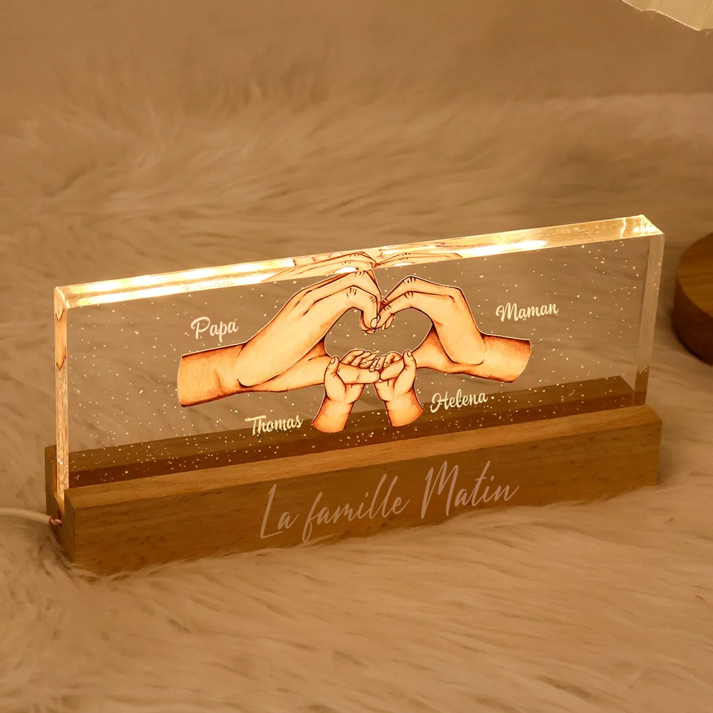 Veilleuse LED personnalisée en forme de cœur avec mains – Pour maman et papa