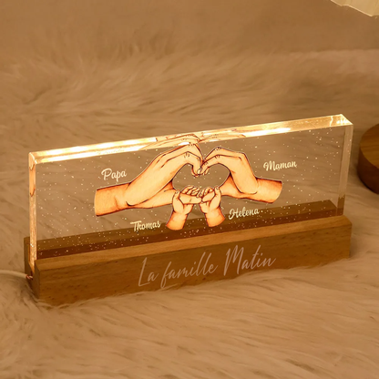 Veilleuse LED personnalisée en forme de cœur avec mains – Pour maman et papa