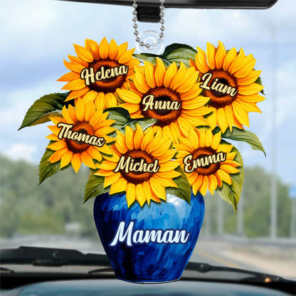 Pendentif personnalisé avec tournesols et vase pour maman et mamie