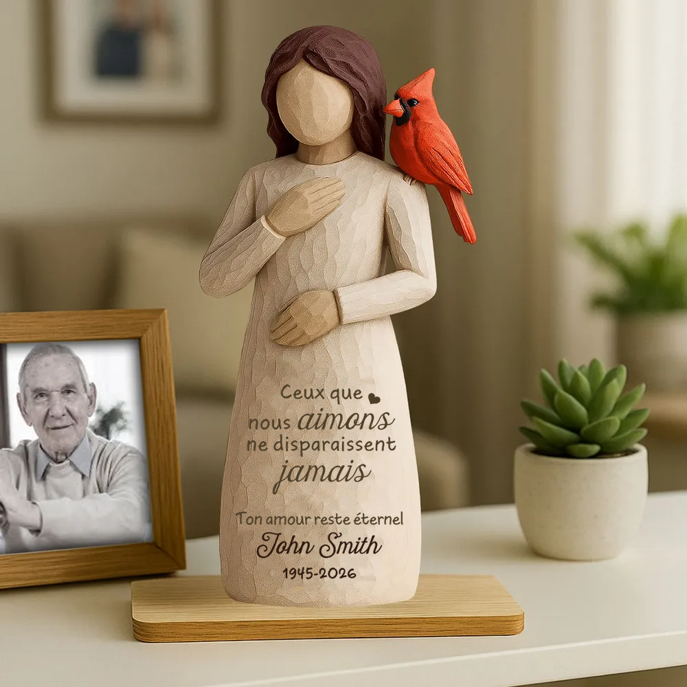 Femme et cardinal rouge – Présentoir en bois personnalisé – Cadeau commémoratif