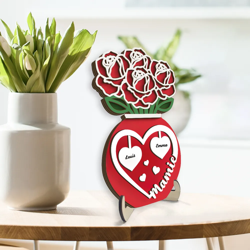 Présentoir en bois personnalisé à 2 couches avec bouquet de roses dans un vase – Cadeau pour maman et mamie
