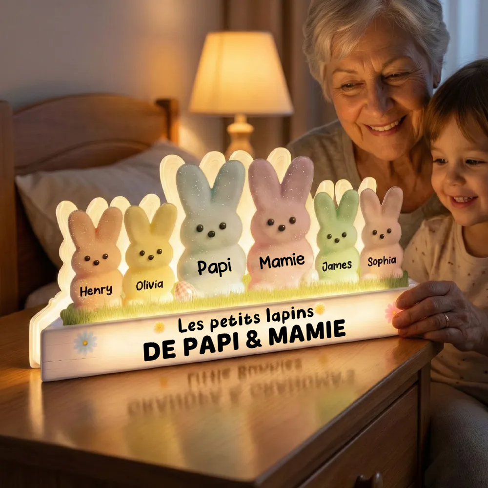 Lapins de Pâques pour mamie et papi – Boîte lumineuse LED personnalisée avec les prénoms des petits-enfants | Cadeau de Pâques pour grands-parents