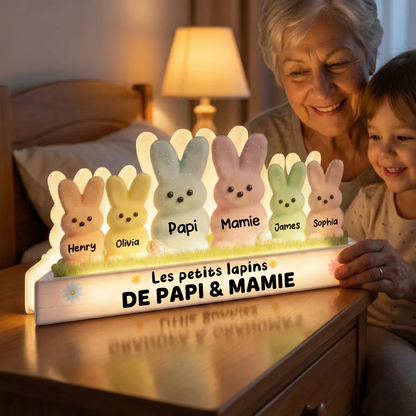 Lapins de Pâques pour mamie et papi – Boîte lumineuse LED personnalisée avec les prénoms des petits-enfants | Cadeau de Pâques pour grands-parents