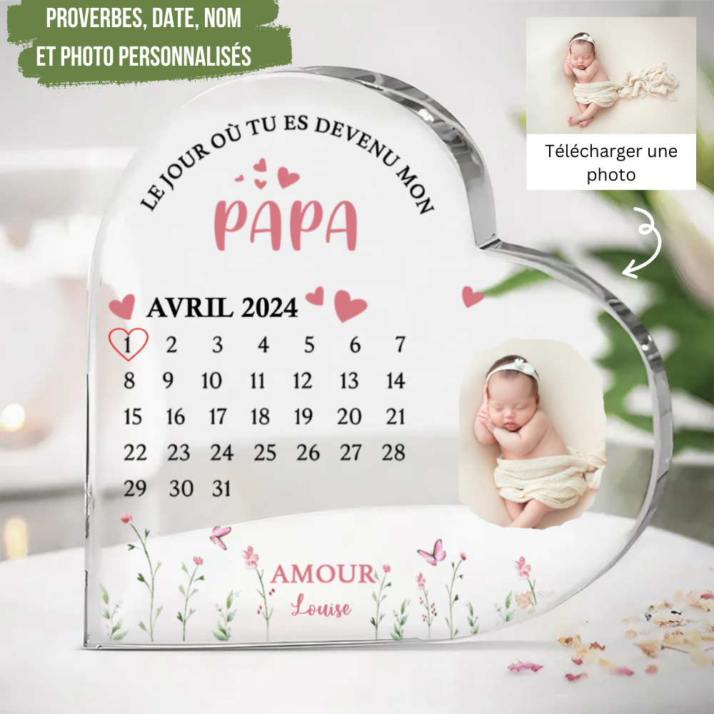 Coeur en acrylique avec photo "Le jour où tu..." Cadeau pour maman, papa, mamie et papy