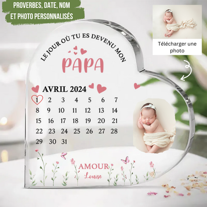 Coeur en acrylique avec photo "Le jour où tu..." Cadeau pour maman, papa, mamie et papy