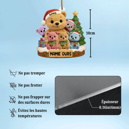 Ornement en acrylique personnalisé – Décoration de sapin avec motif d’ours, cadeau pour grand-mère