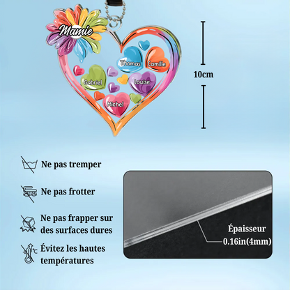 Porte-clés voiture personnalisé en acrylique avec cœurs colorés – Pour mamie et maman