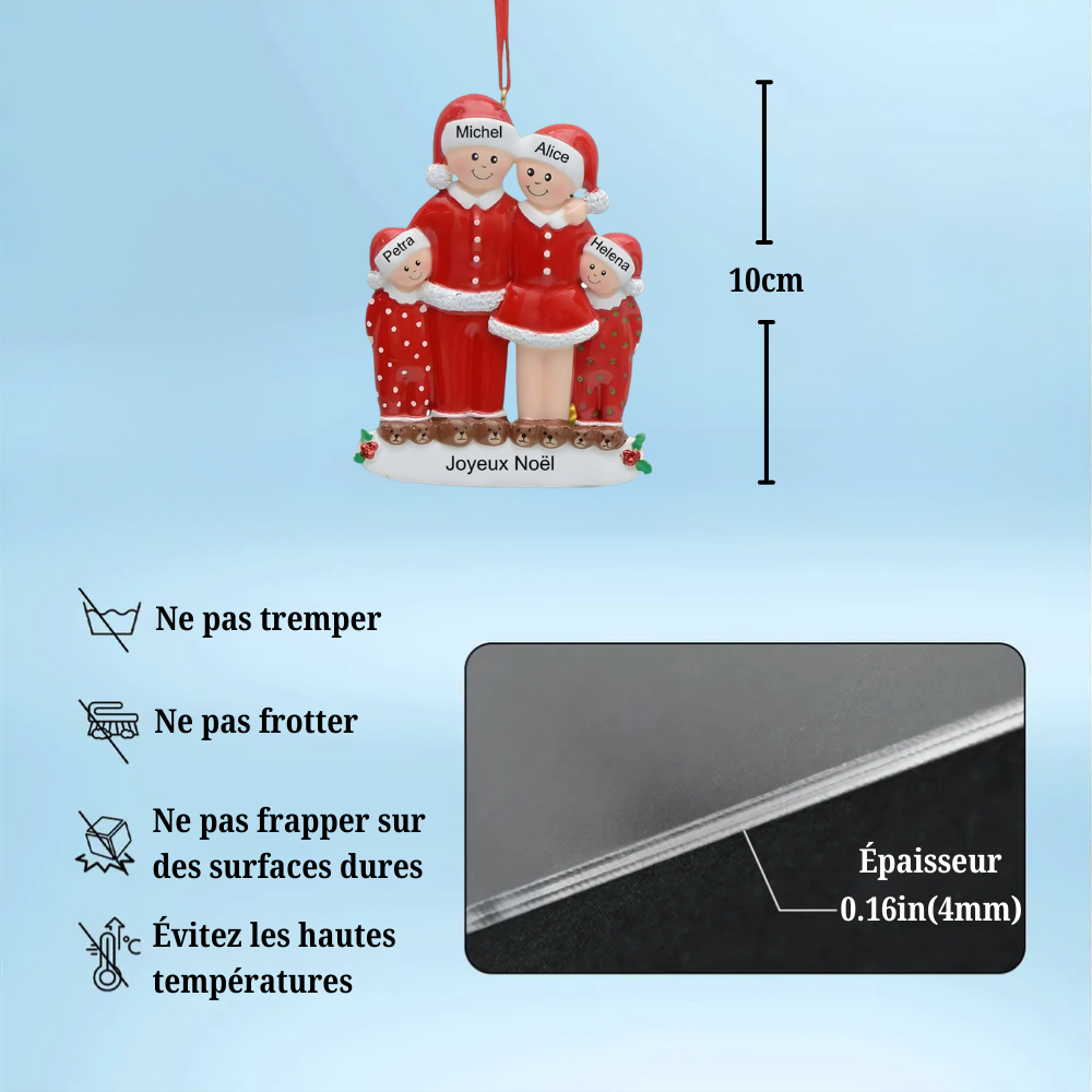Décorations de Noël vitre acrylique Famille en pyjama avec 3-6 noms