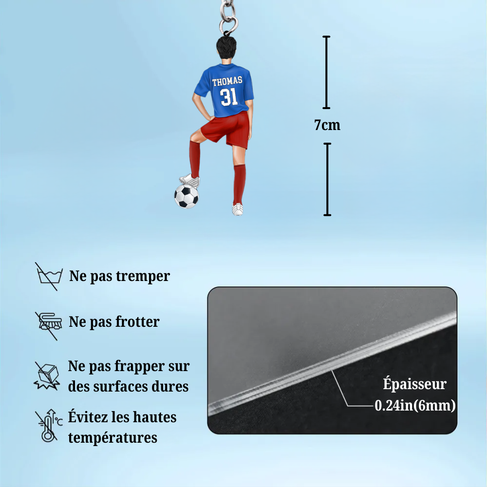Porte-clés en acrylique personnalisé pour joueur de football et passionné de football