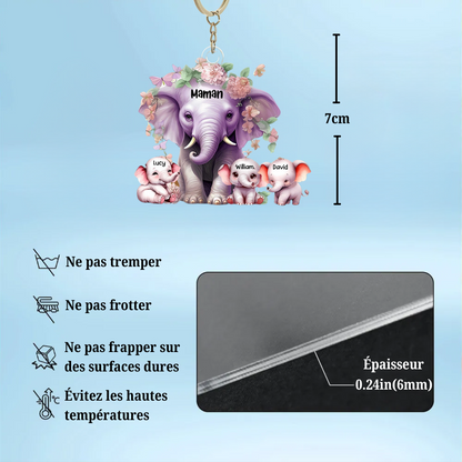 Porte-clés personnalisé en acrylique avec maman éléphant et bébés éléphants