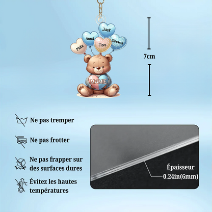 Porte-clés personnalisé « Amour d'ours avec ballons en forme de cœurs ».