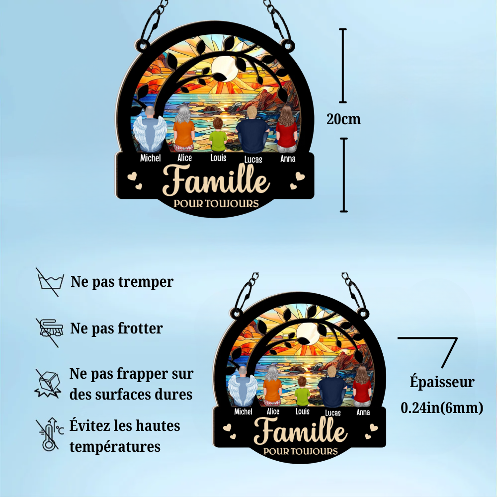 Famille pour toujours - Ornement de fenêtre personnalisé en acrylique et bois attrape-soleil