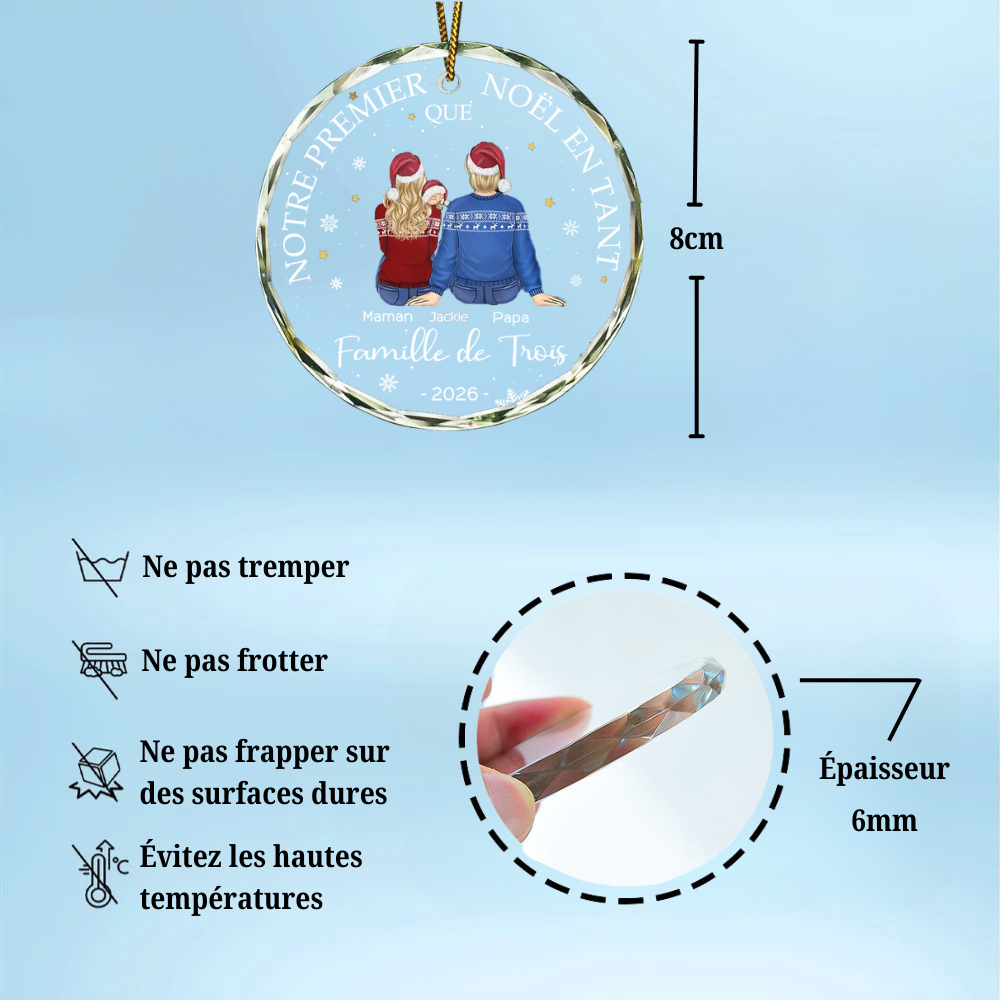 Notre premier Noël en famille... Orement de Noël personnalisée en verre avec bébé, chien et chat
