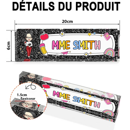 Plaque en acrylique personnalisée avec personnage et prénom – Cadeau pour enseignante et collaboratrice