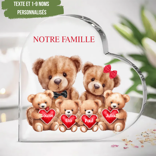 Cœur en acrylique avec motif d'ours familial, texte personnalisé et de 1 à 9 noms.