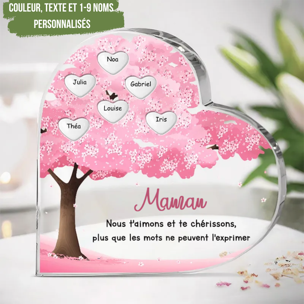 Coeur en acrylique avec arbre généalogique, de 1 à 10 noms, pour maman et mamie.
