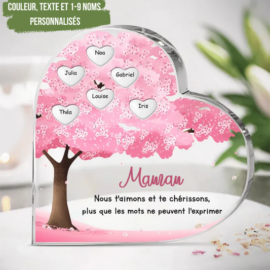 Coeur en acrylique avec arbre généalogique, de 1 à 10 noms, pour maman et mamie.