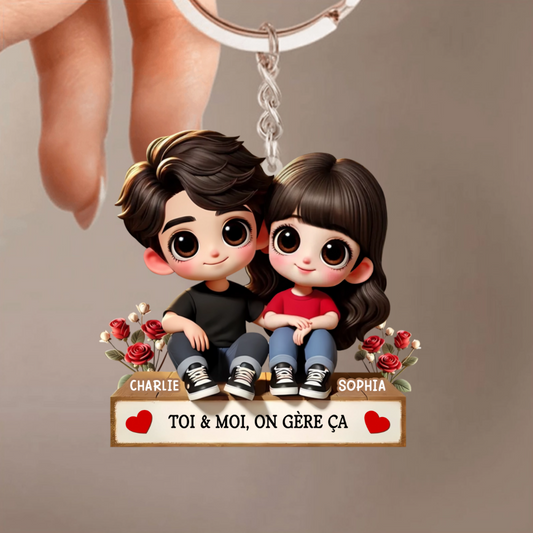 Porte-clés acrylique personnalisé avec illustration cartoon – Cadeau pour couple