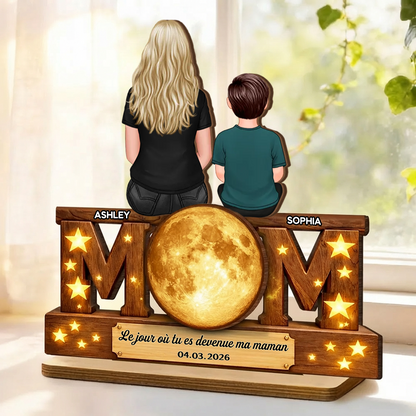 « Le jour où tu es devenue ma maman » – Décoration en bois personnalisé « MOM » avec phase de lune – Cadeau pour maman
