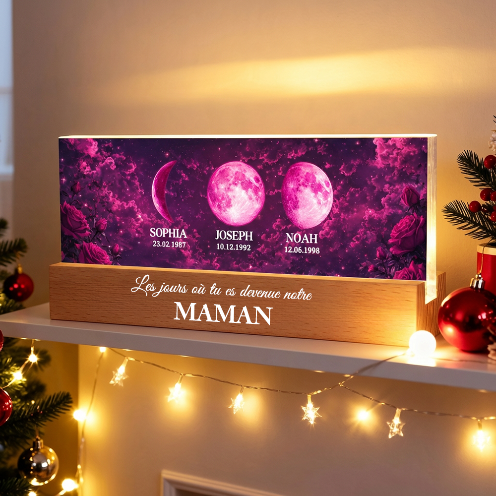 « Ces jours-là, tu es devenue notre maman » – Veilleuse LED personnalisée avec phases de lune et texte