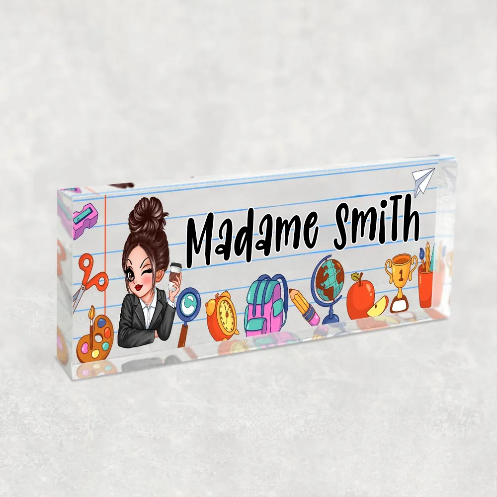 Plaque nominative en acrylique personnalisée – Pour enseignantes avec motif scolaire