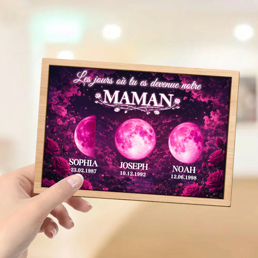 « Ces jours-là, tu es devenue notre maman » – Présentoir en bois personnalisé avec phases de lune