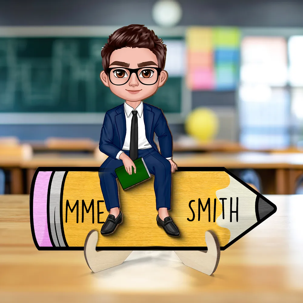 Figurine de professeur assis(e) sur un crayon – Plaque en bois personnalisée, décoration de bureau pour enseignant(e)