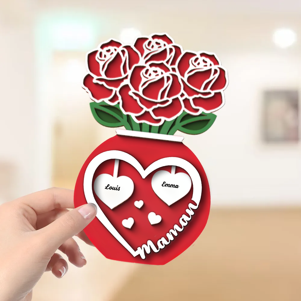 Présentoir en bois personnalisé à 2 couches avec bouquet de roses dans un vase – Cadeau pour maman et mamie