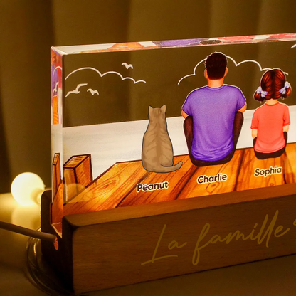 Veilleuse LED personnalisée avec famille, chat et chien – Cadeau pour papa, maman, papi et mamie