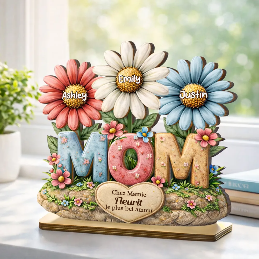 Décoration en bois personnalisé « MOM » avec fleurs – Cadeau pour maman et mamie