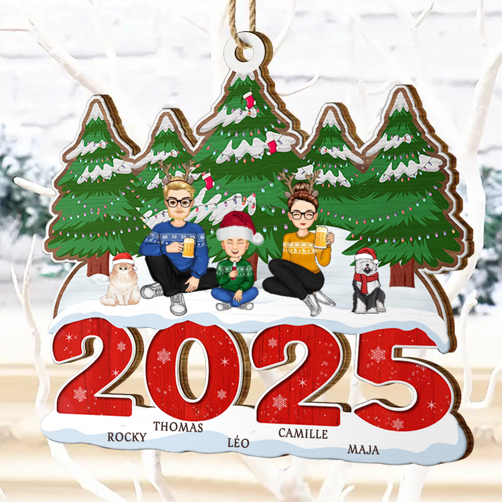 Noël en Famille Orement en Bois Personnalisée 2025 avec Chien et Chat