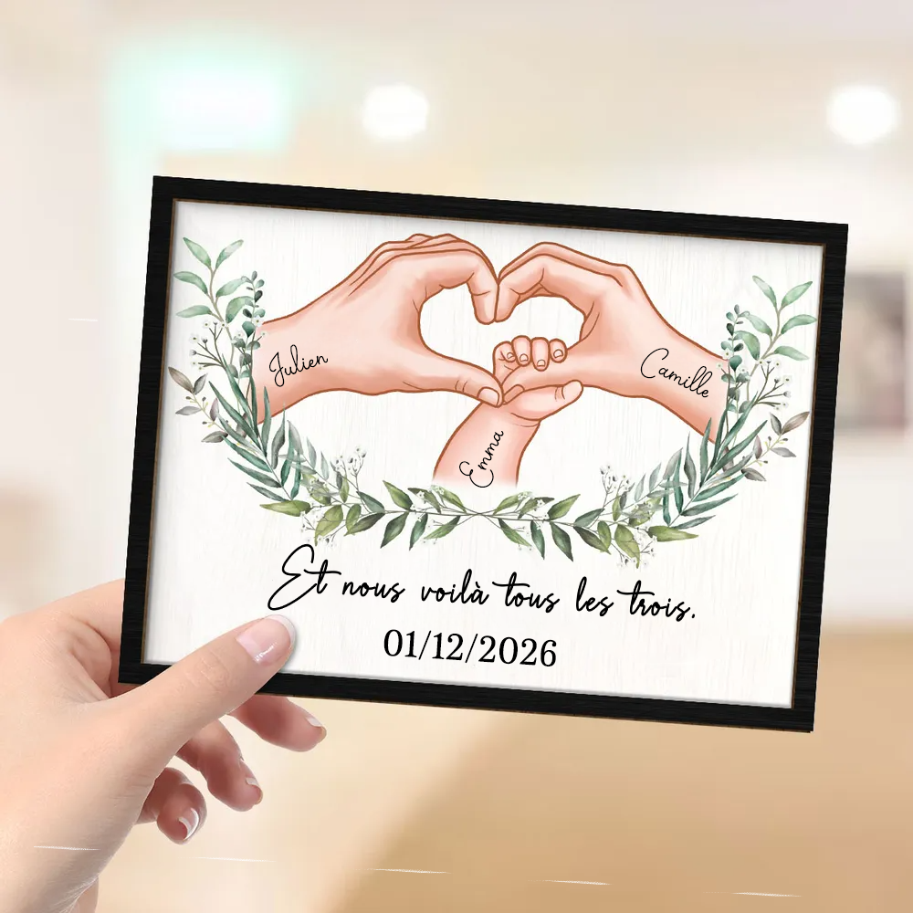 Plaque en bois personnalisée avec motif main dans la main – Cadeau pour jeune maman et jeune papa